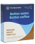 Third Wave Water packaging with blue and brown design for medium roast profile on a white background