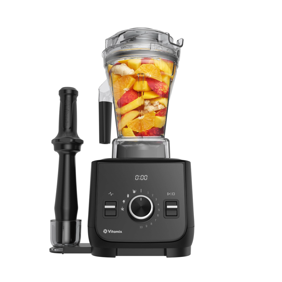 Vitamix Ascent X2 Blender with a black motor base and a clear container filled with fruits, showcasing the blending function.
