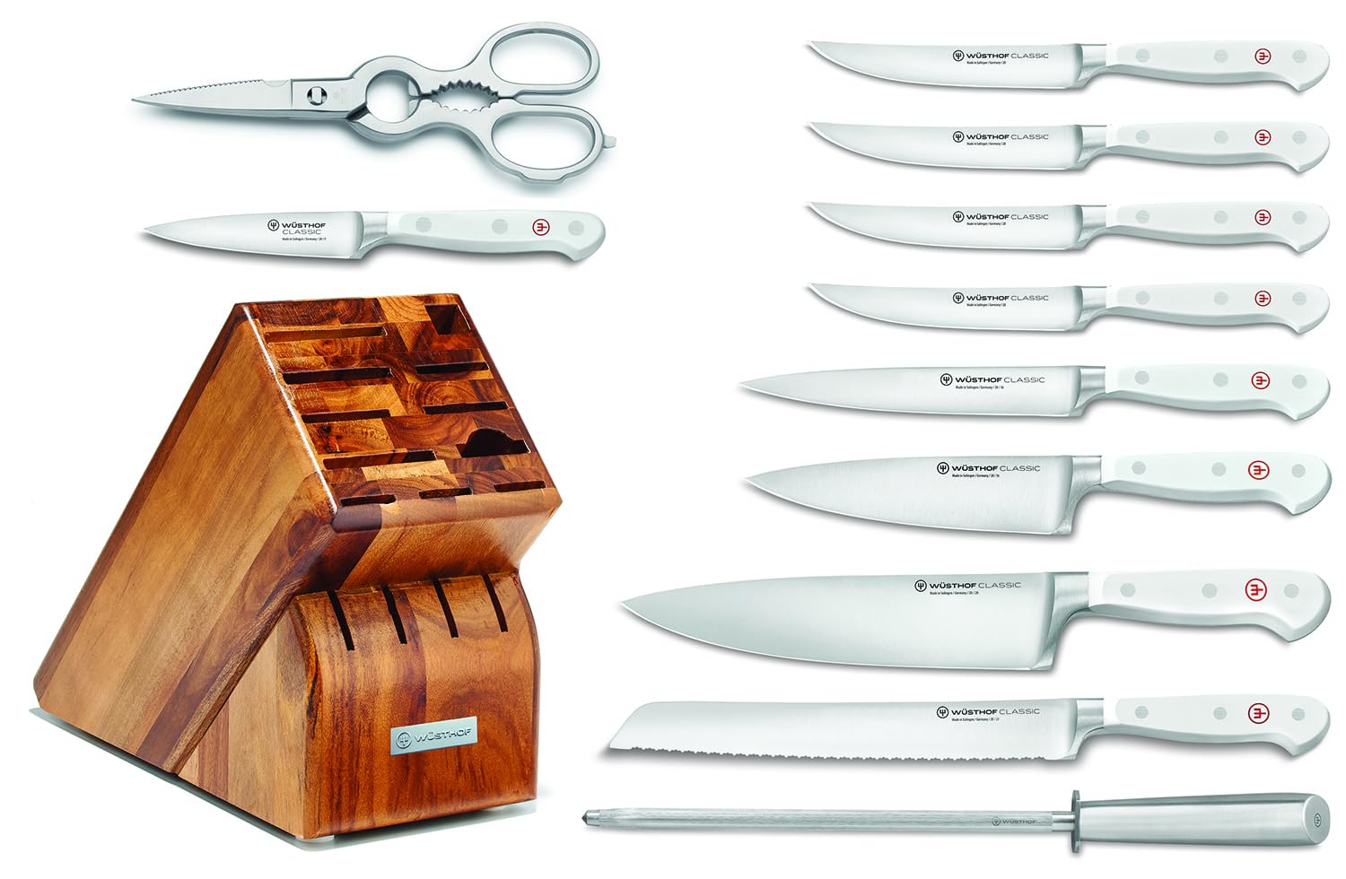Set of knives with a wooden block on a white background