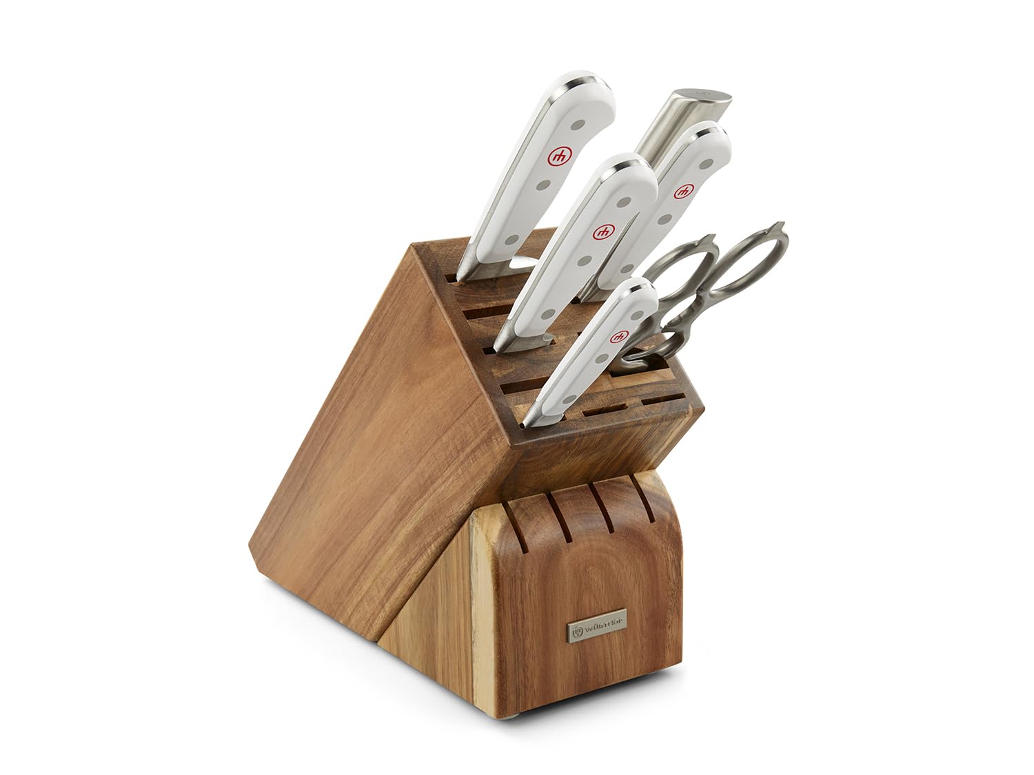 Wooden knife block set with knives and a pair of shears on a white background