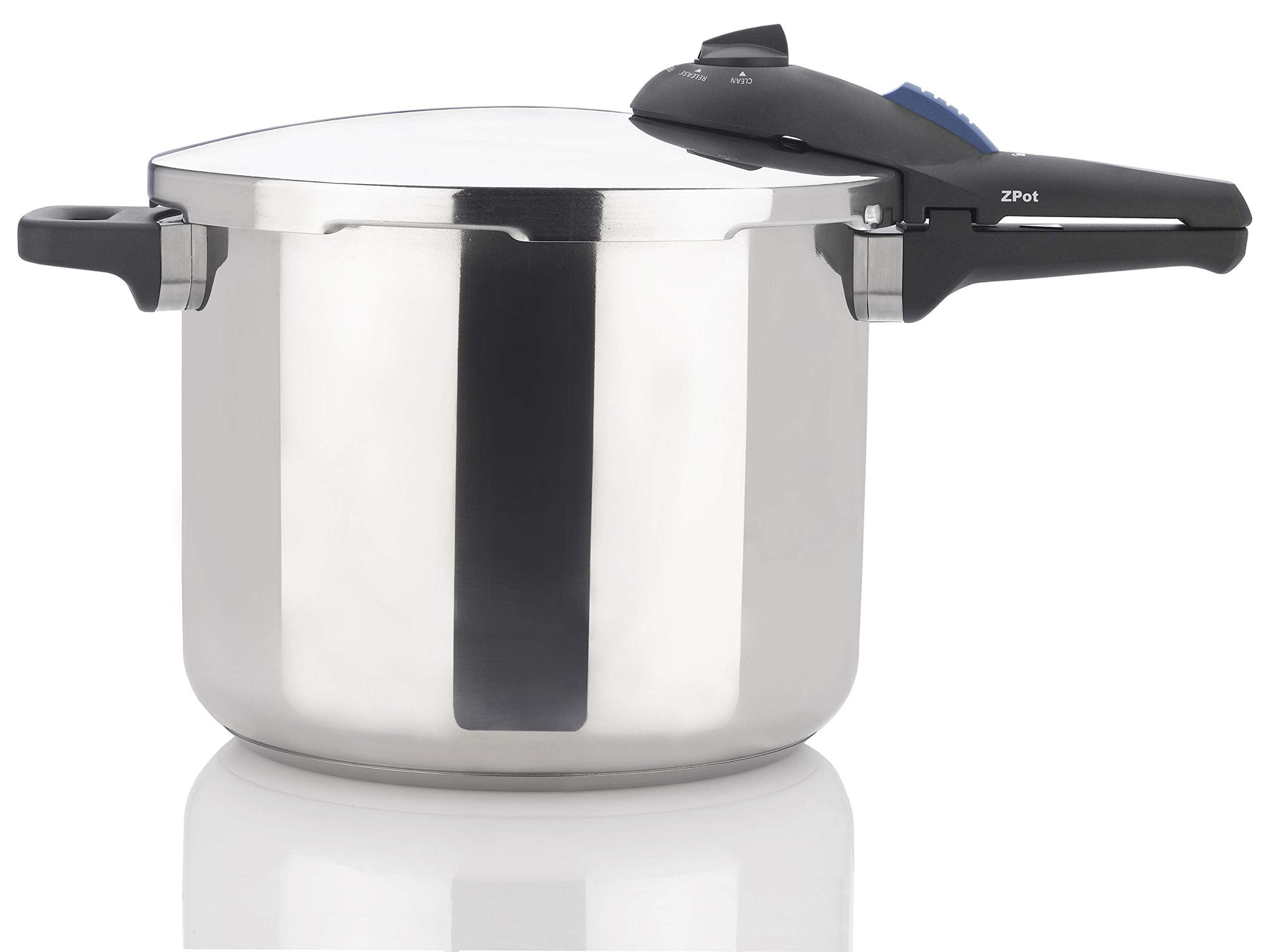 Stainless steel pressure cooker with black handles on a white background