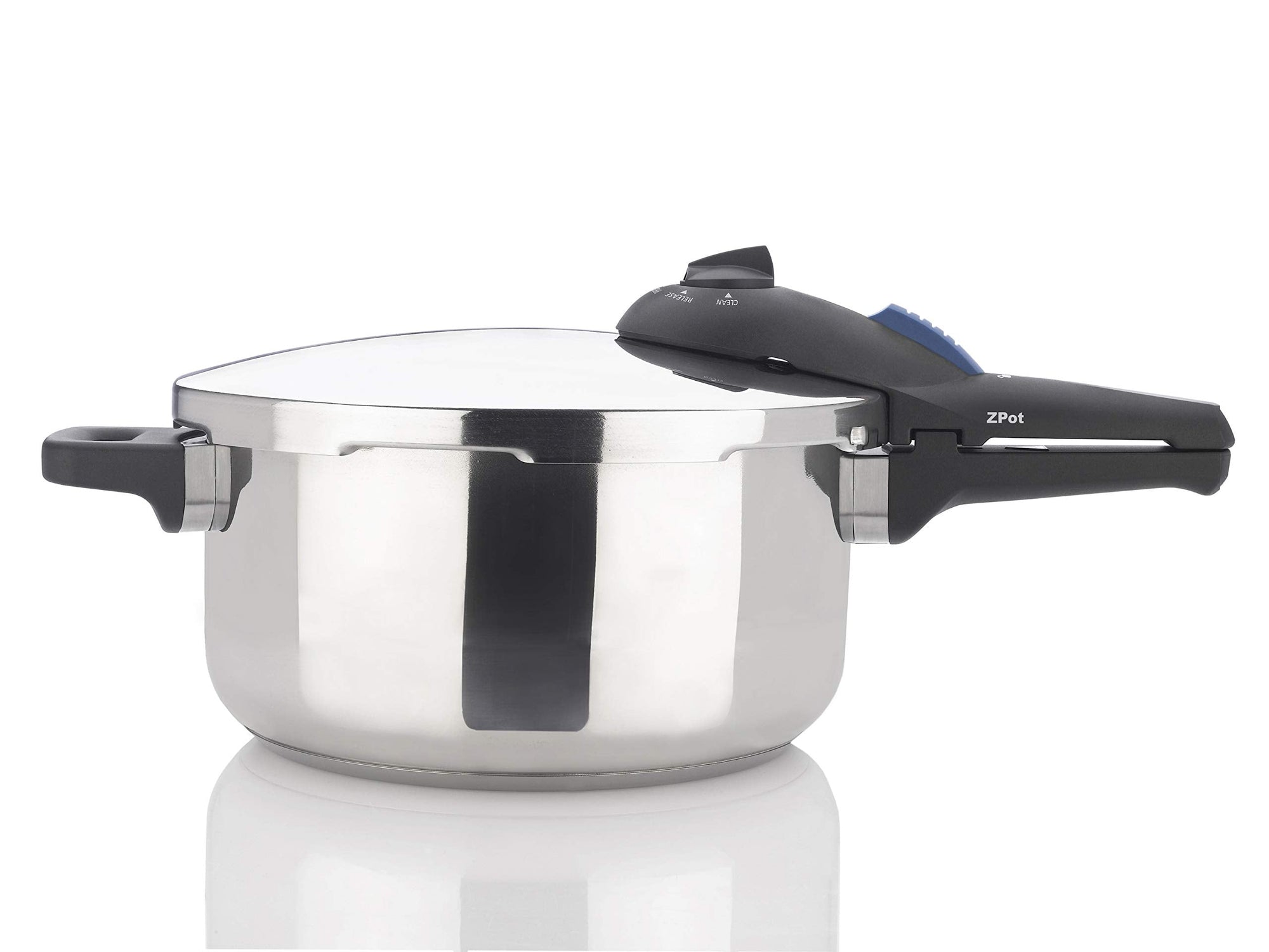 Stainless steel pressure cooker with black handles on a white background