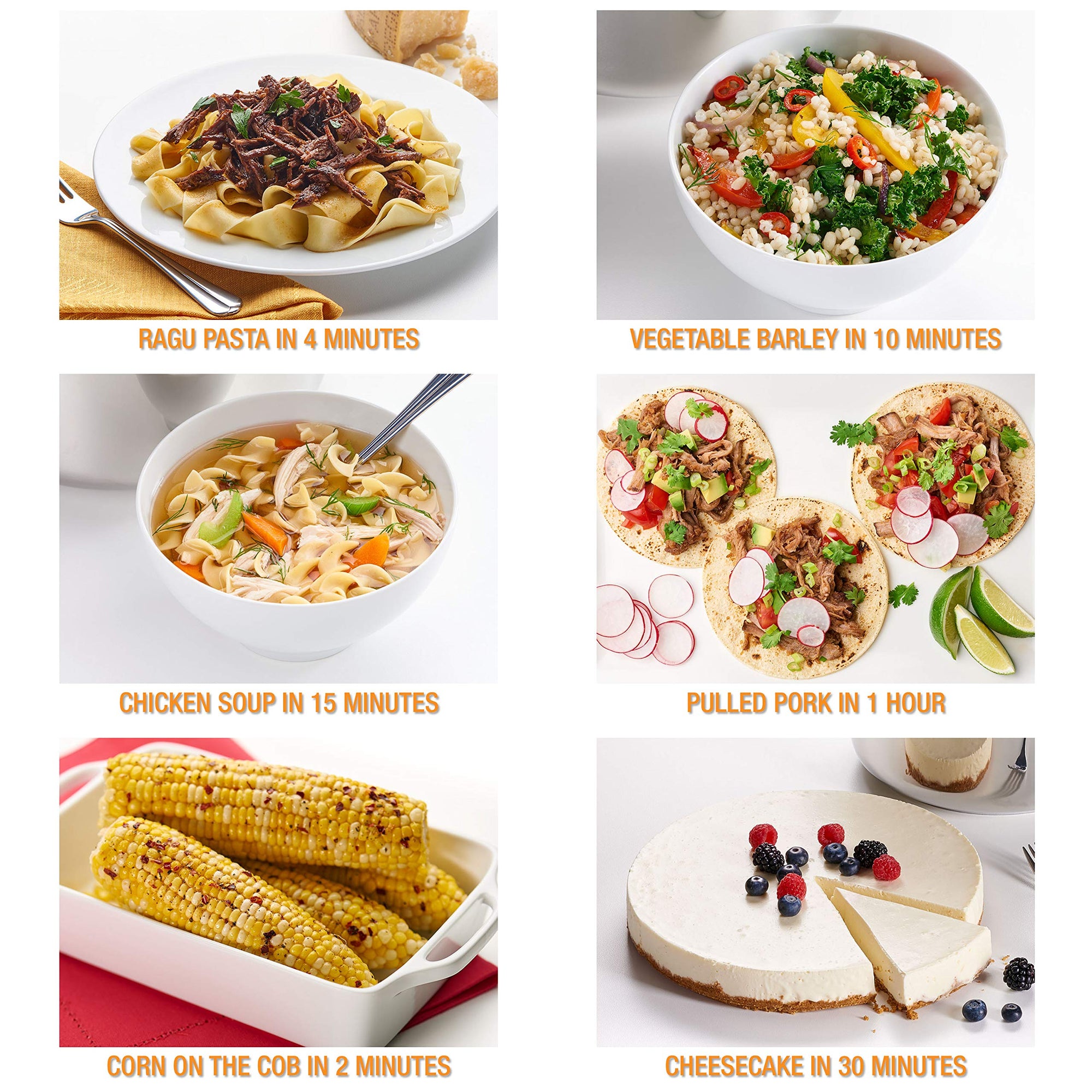 Different images of recipes and how long they make using with a Zavor duo 8 piece pressure cannign set