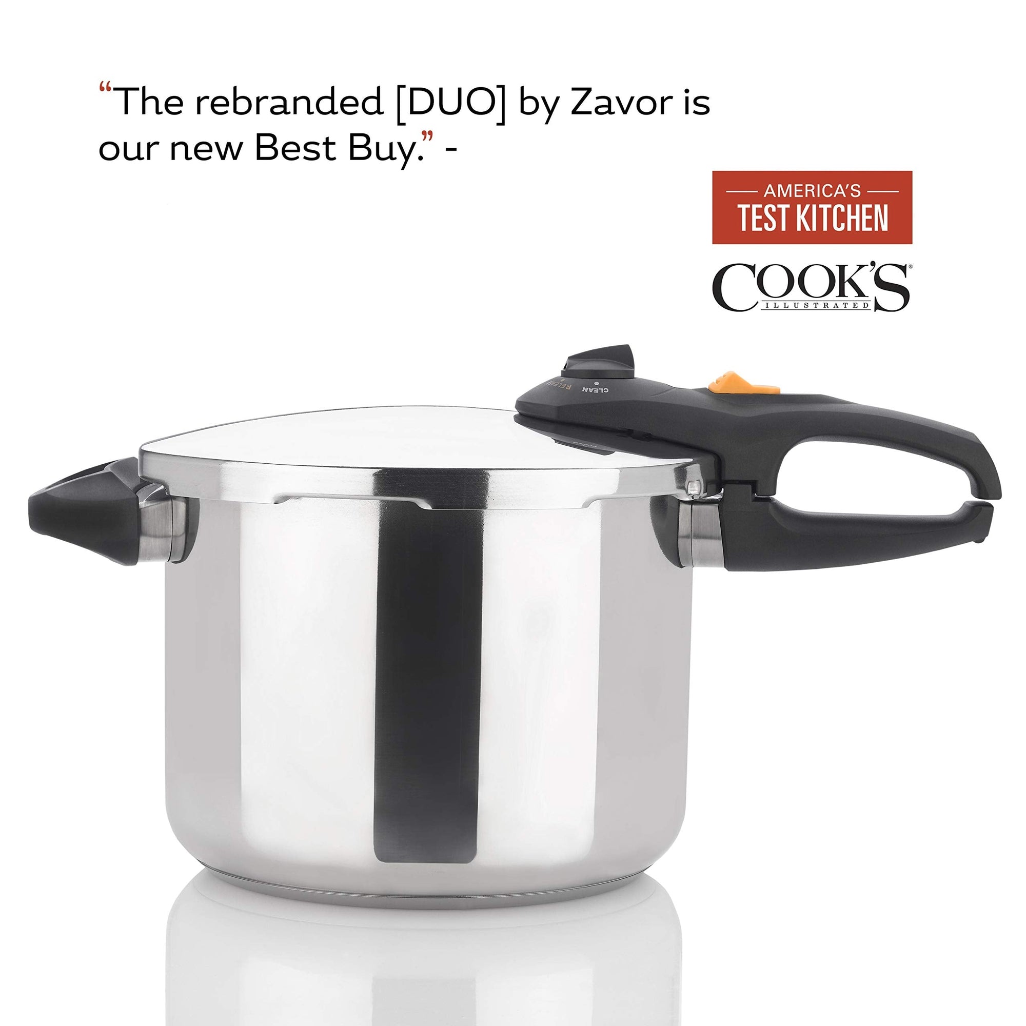 Stainless steel pressure cooker with black handles on a white background, featuring Cook's Illustrated logo.
