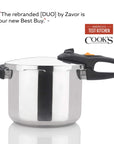 Stainless steel pressure cooker with black handles on a white background, featuring Cook's Illustrated logo.