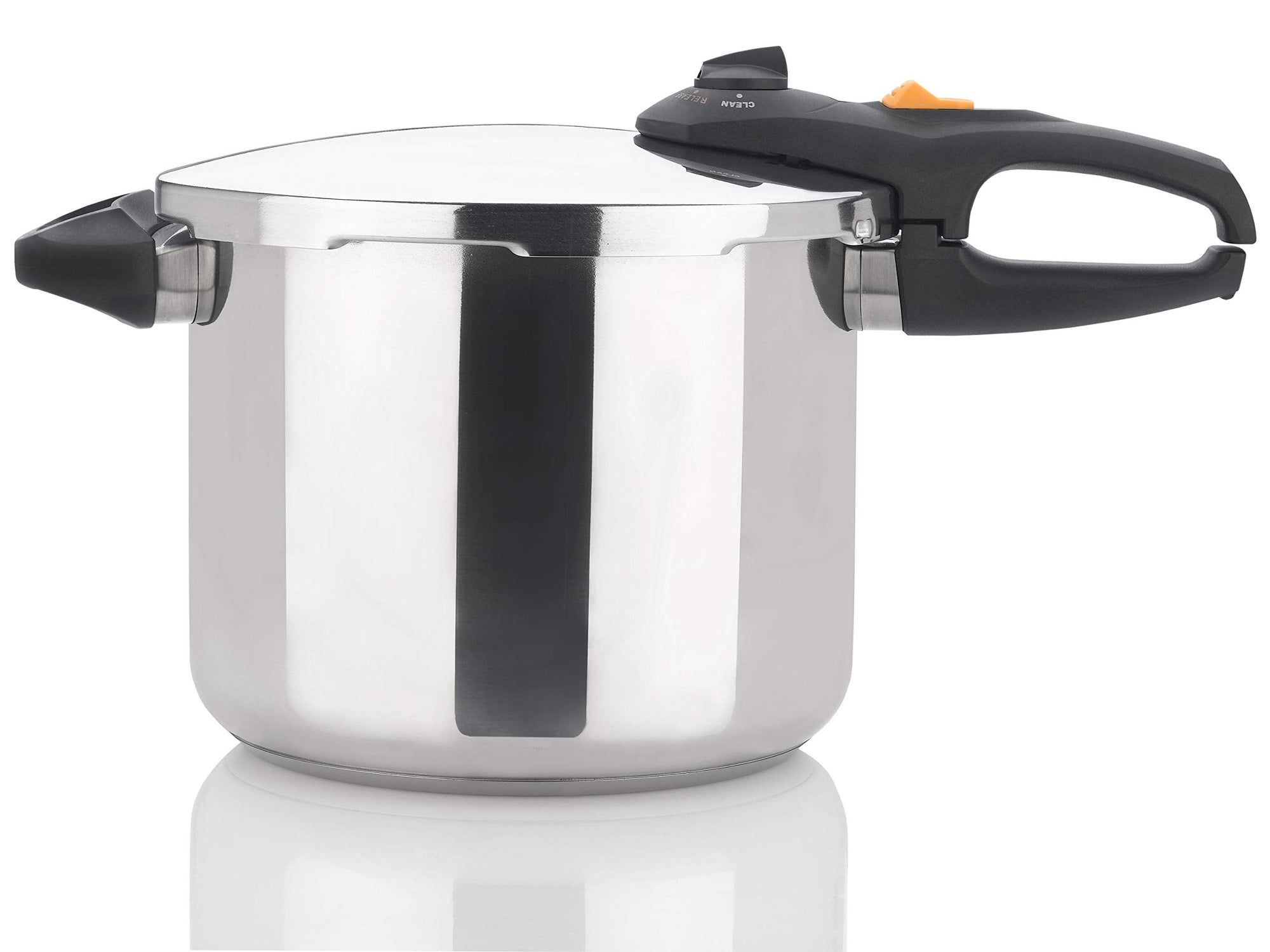 Stainless steel pressure cooker with black handles on a white background