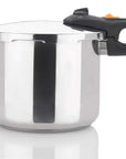 Stainless steel pressure cooker with black handles on a white background