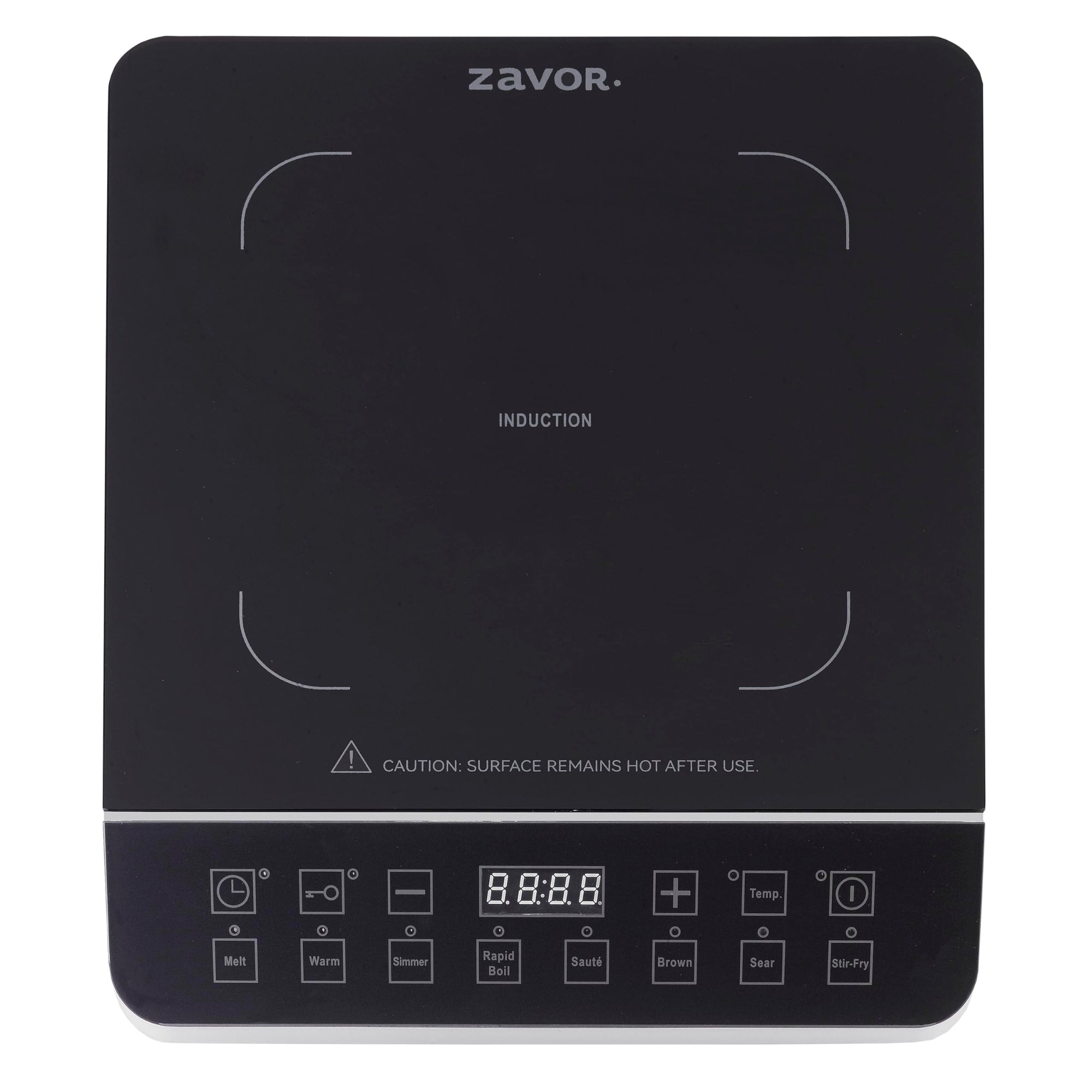 Top view of a Zavor onyx induction cooktop on a white background