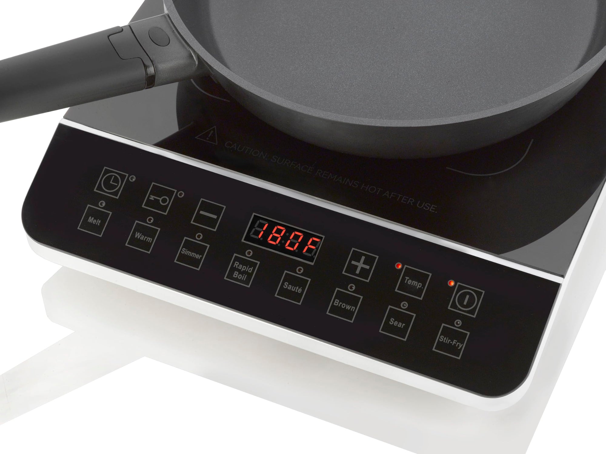 Zavor onyx induction cooktop with a skillet and digital screen with buttons on a white background