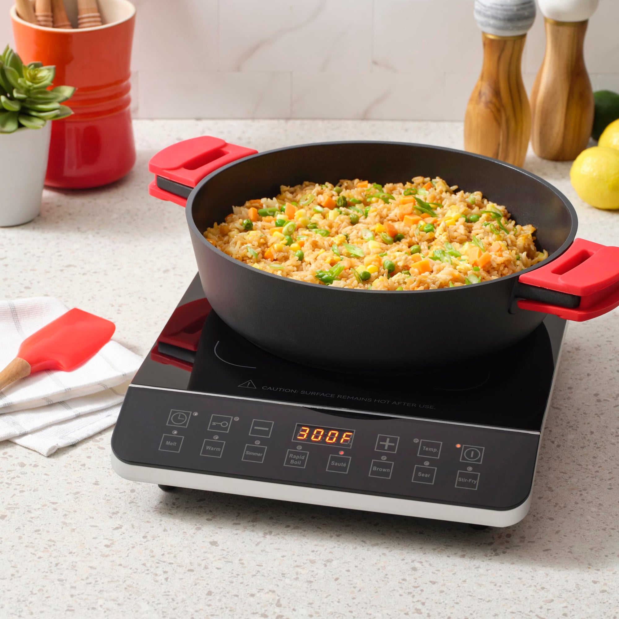 Zavor onyx induction cooktop with fried rice within a pot in a kitchen setting on a countertop