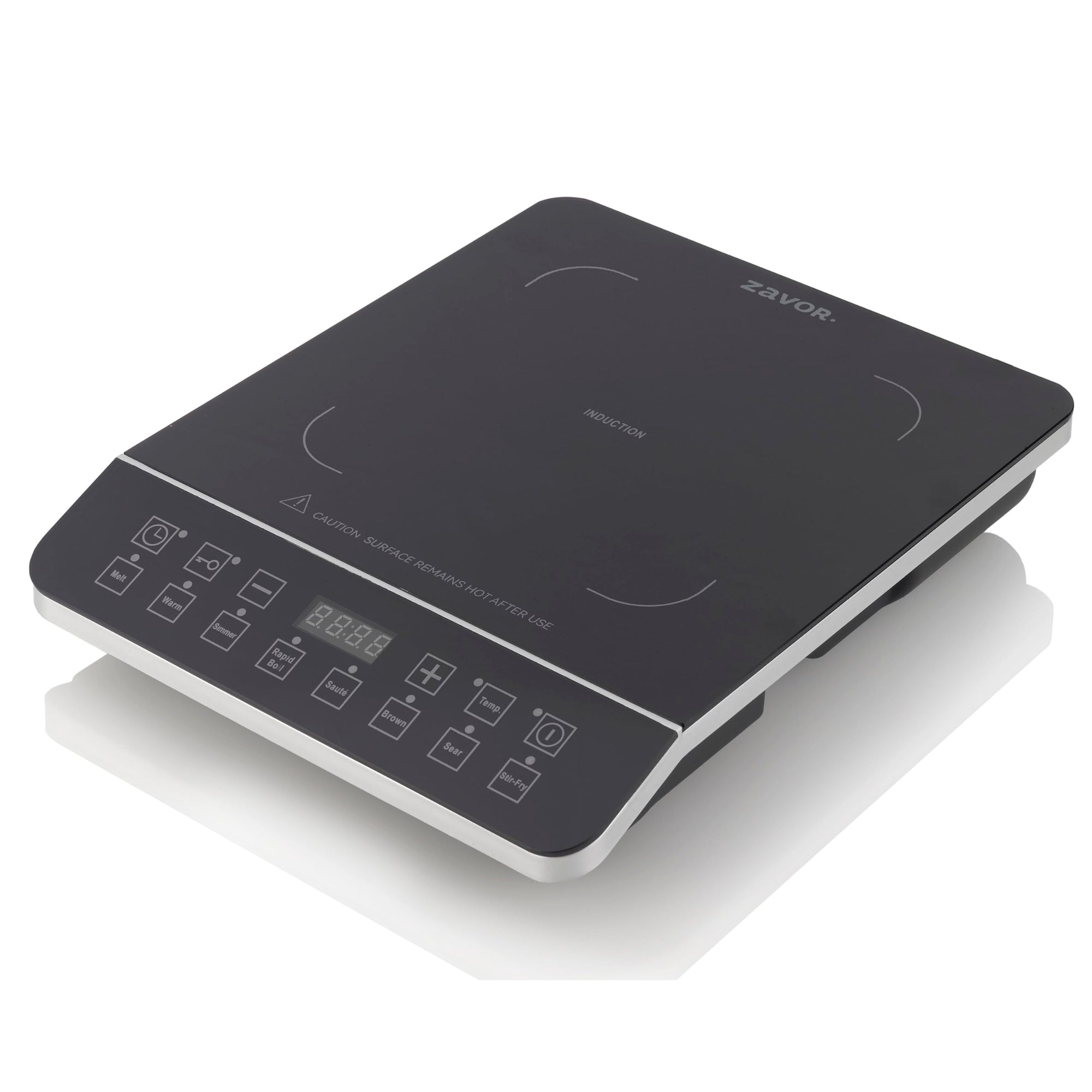 A compact Zavor Onyx Induction Cooktop with a black crystal glass surface and digital control panel, designed for portable use.