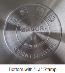 Stainless steel pot bottom with 'Zavor' branding and 'LJ' stamp