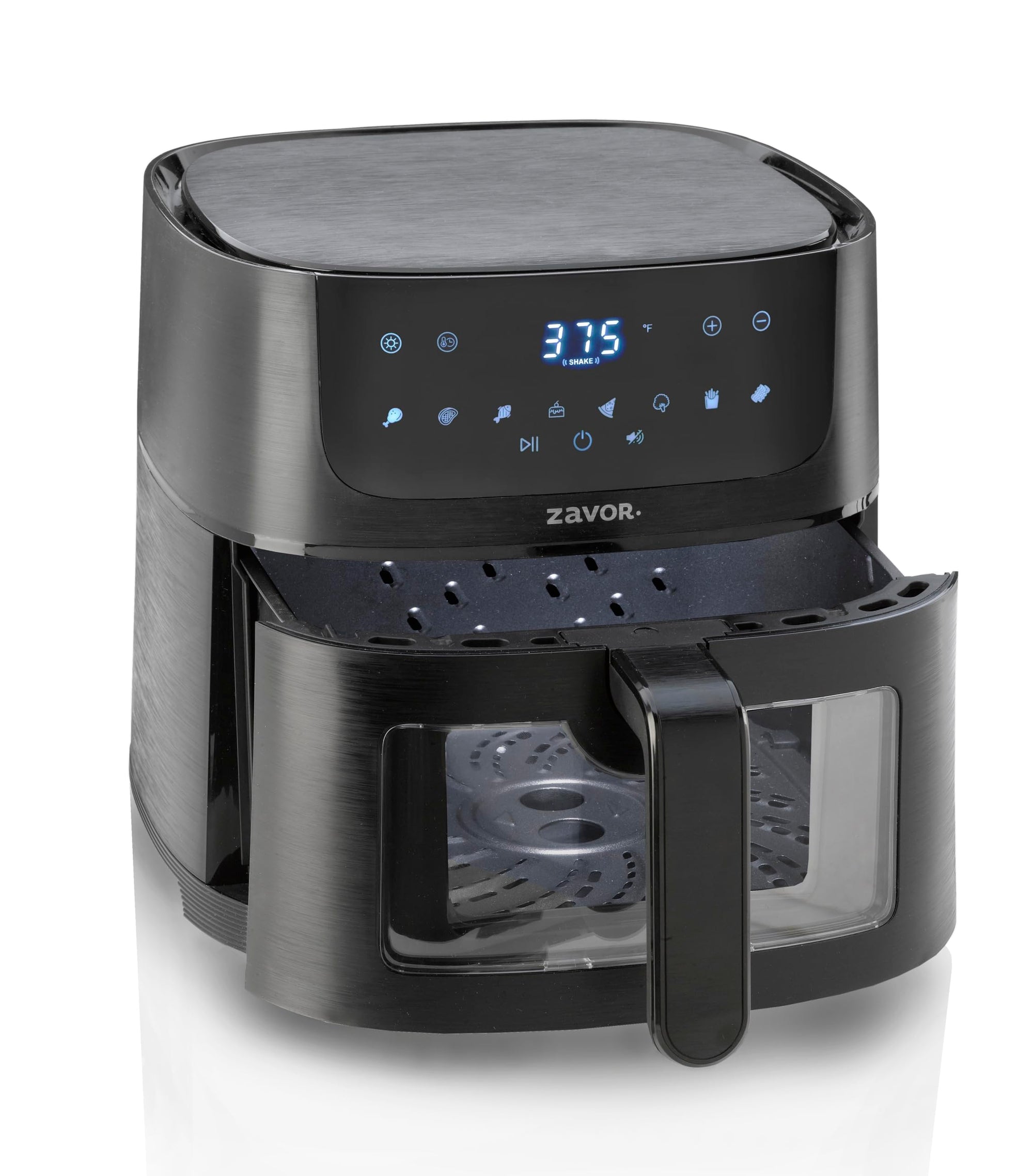 Front view of the Zavor sizzle air fryer oven with the drawer open and digital control panel on on a white background