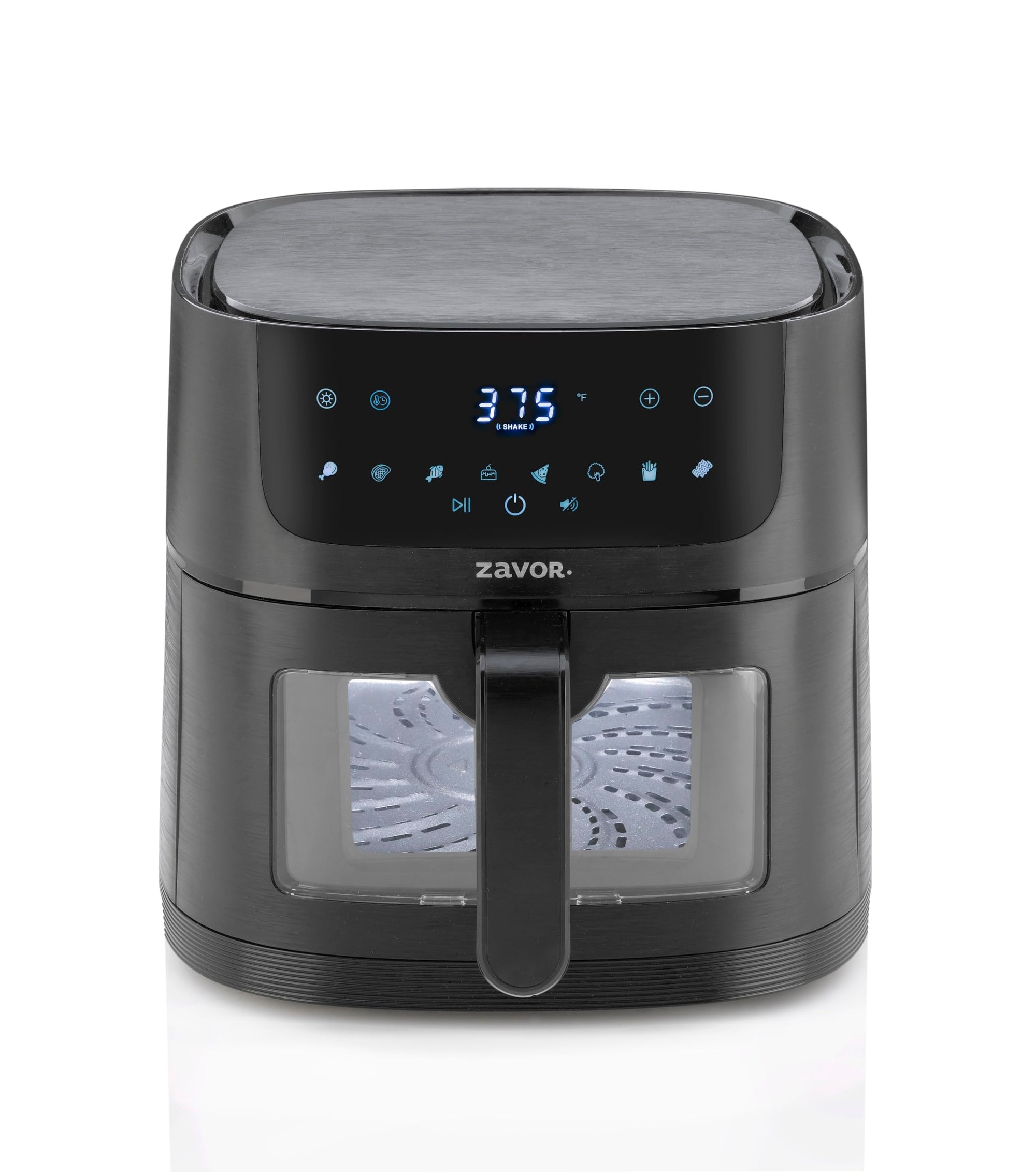 Front of Zavor sizzle air fryer oven with digital control panel and clear window to see into air fryer on a white background