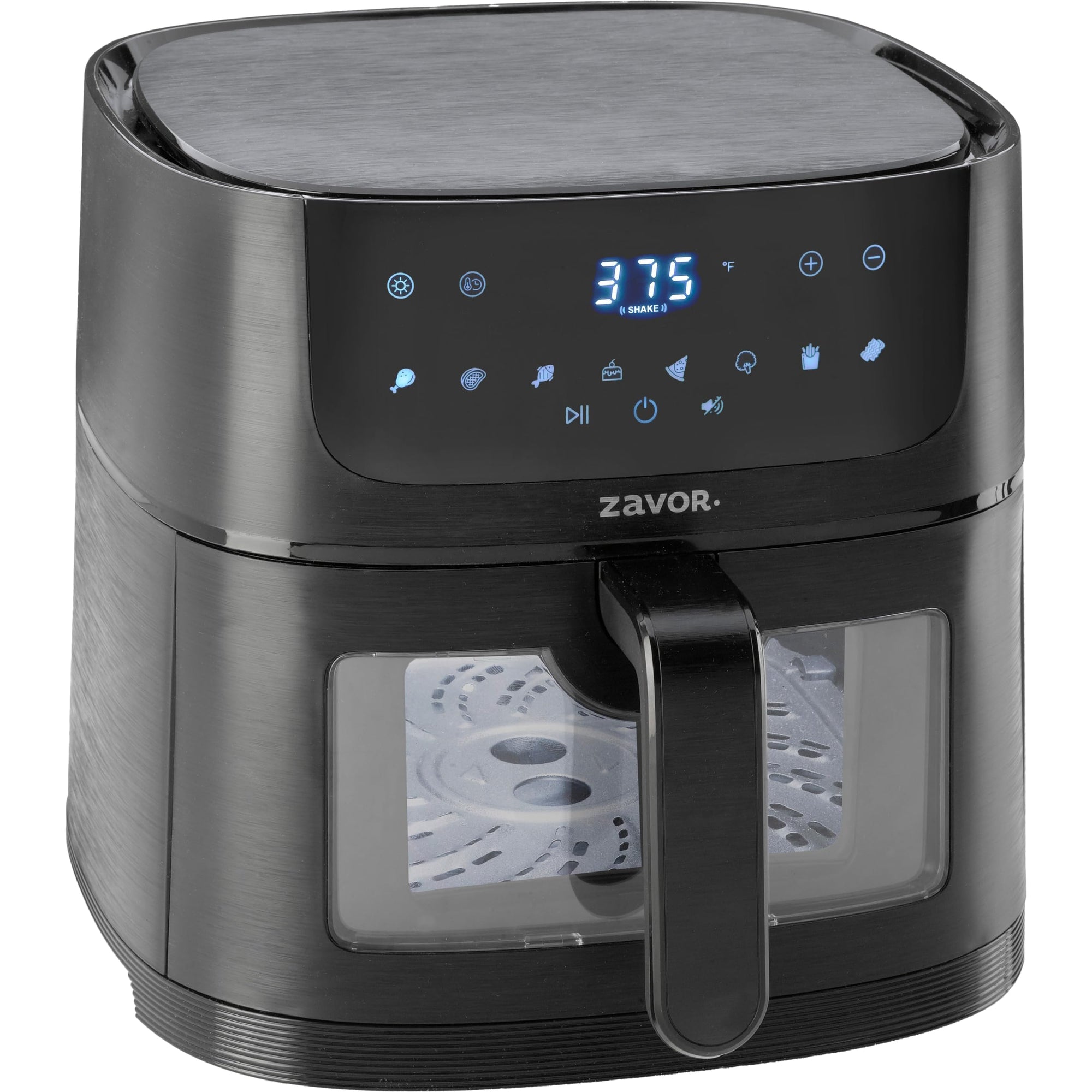 Zavor Sizzle 6.3 Quart Air Fryer in black color featuring a digital display and touch control panel on a white background.
