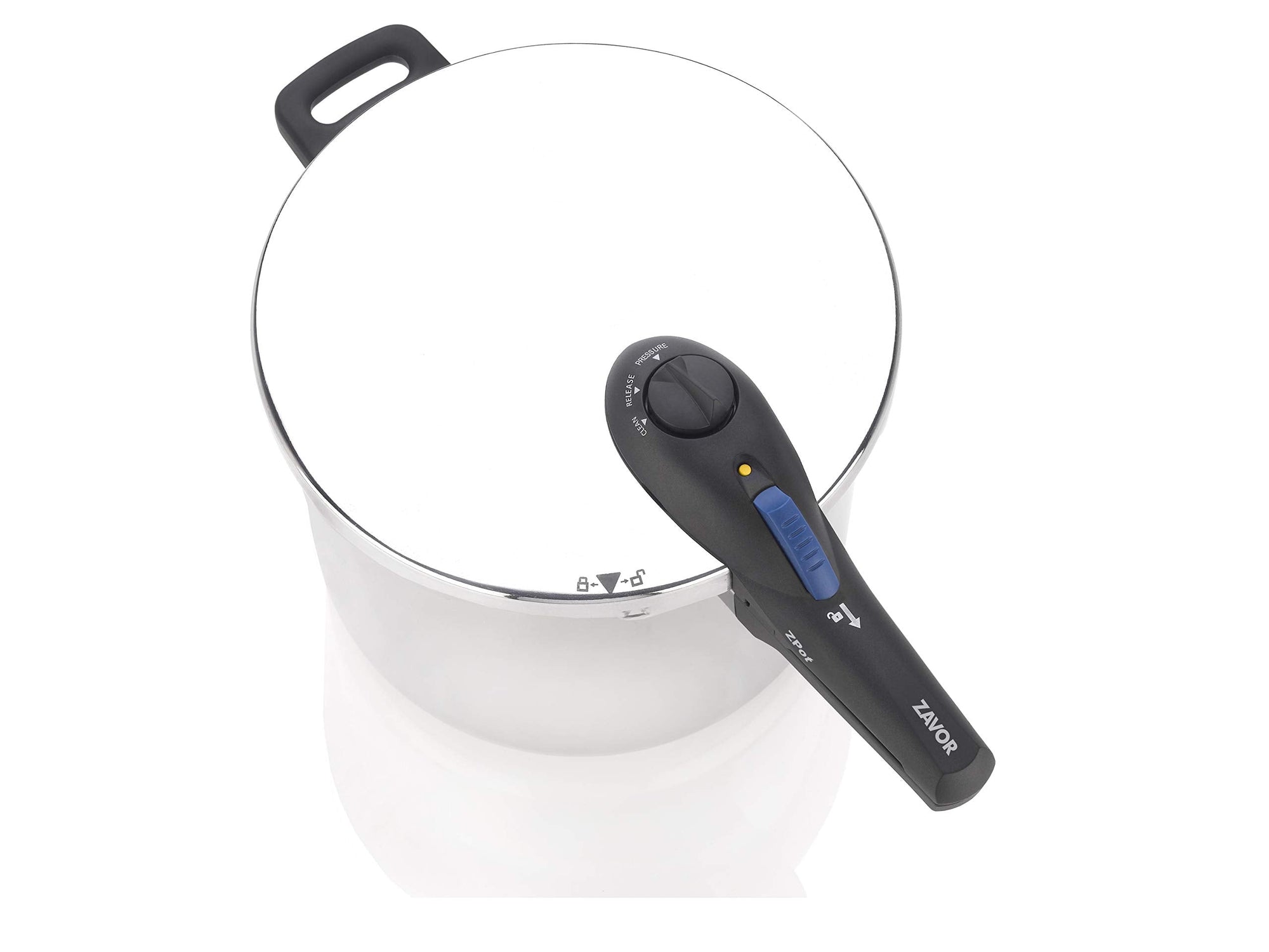 White pressure cooker with black handle and control panel on a white background