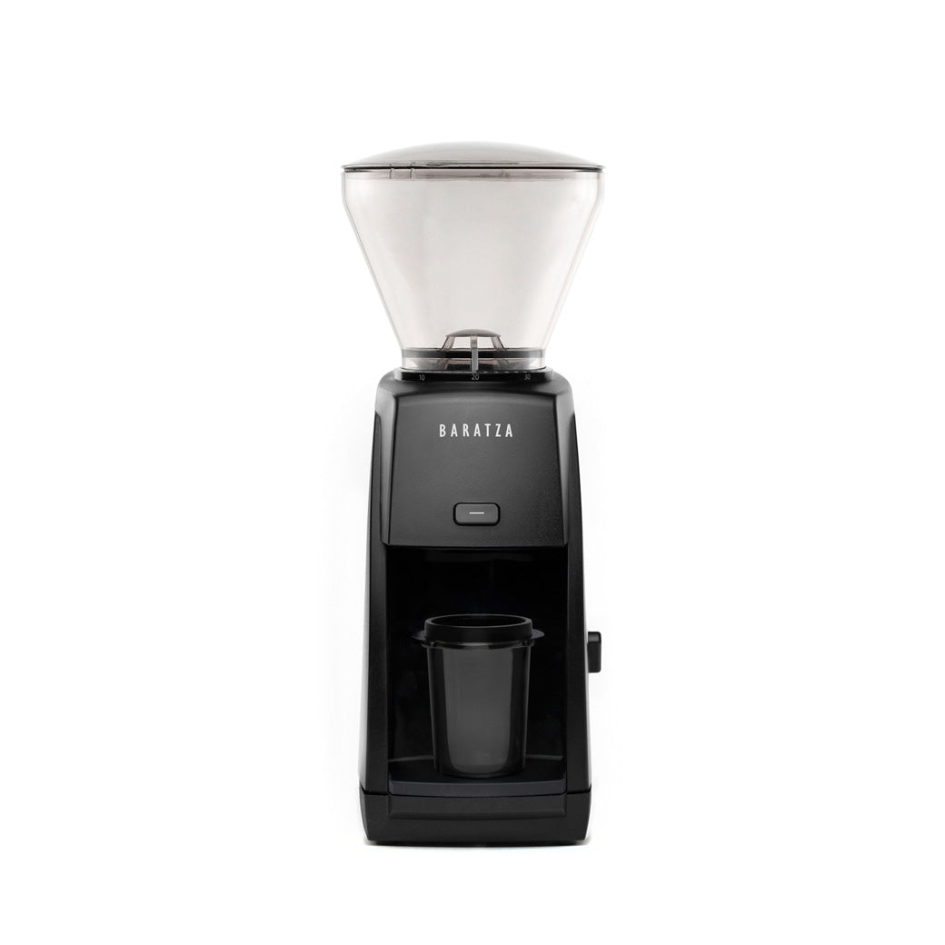A Baratza Encore ESP coffee grinder with a conical burr system and a dosing cup, in black color.