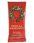 Front of a vanilla hazelnut premium cocoa drink mix package on a white background