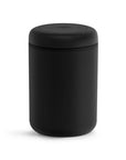 1.2 Liter black cylindrical container with lid on a white background