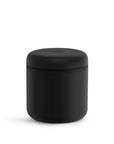 .7 Liter black cylindrical container with lid on a white background