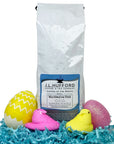 1 lb marshmallow chick coffee bag with marshmallow chicks, eggs, and confetti in front displayed on a white background