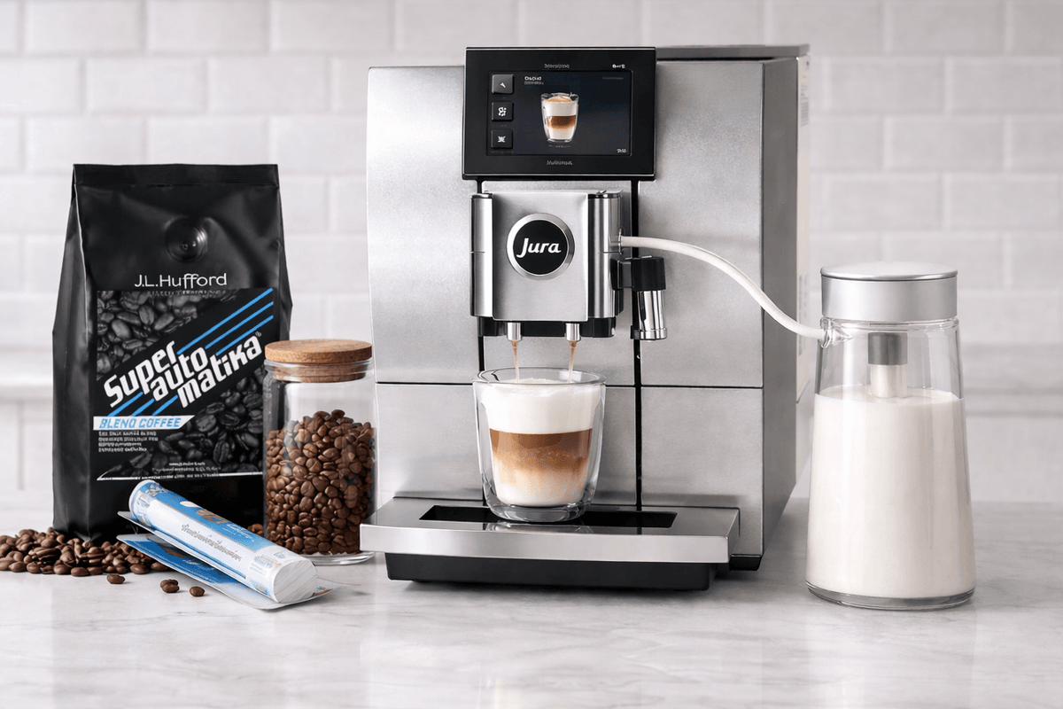 Coffee machine with coffee beans, milk, and a coffee bag on a countertop.
