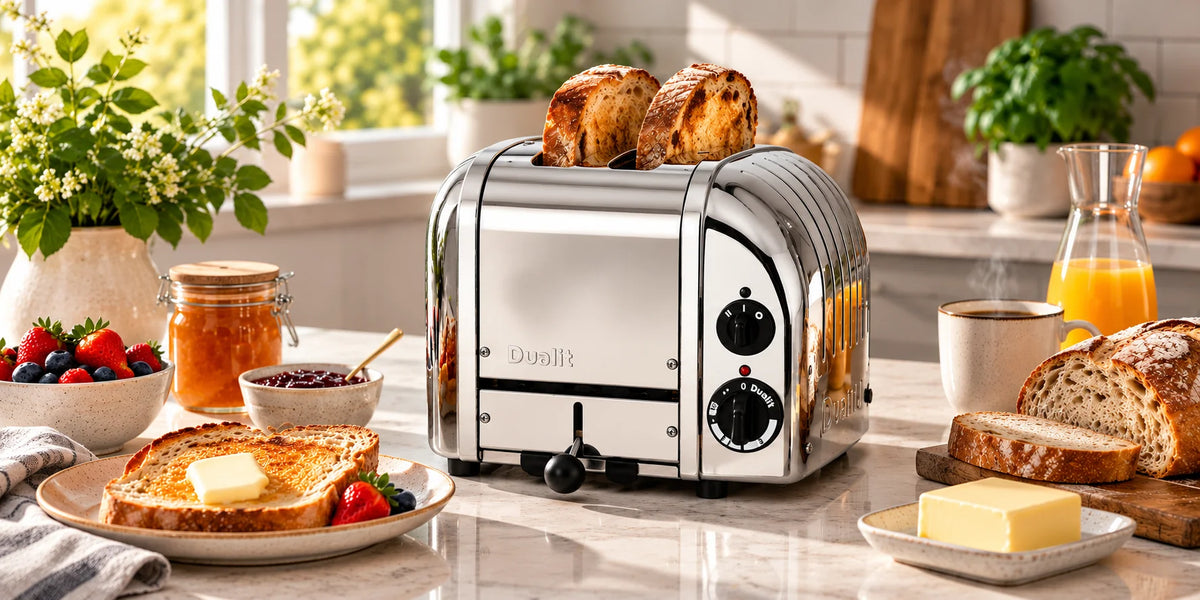 A stainless steel 2-slice toaster sits on a kitchen counter surrounded by breakfast food, including bread, toast with butter, fruit, coffee, and orange juice, with a bright kitchen background.