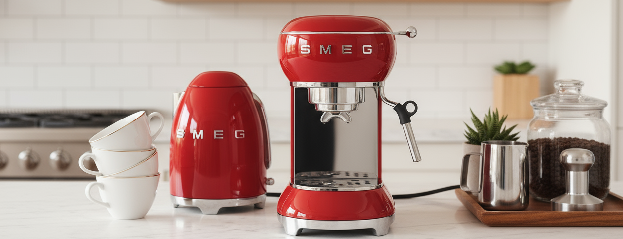 Smeg red espresso machine and milk frother on kitchen counter