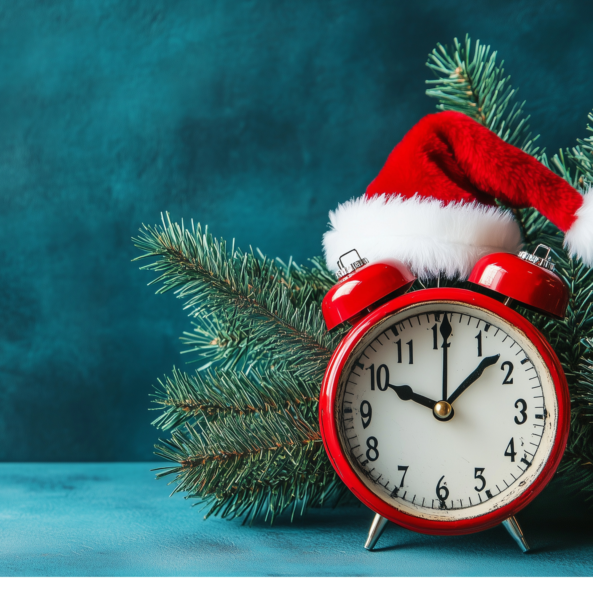 Blue background with pine tree branch and red clock with a Santa Claus hat
