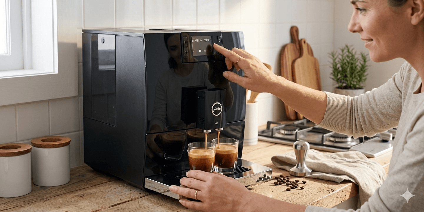 Woman using a modern coffee machine in a kitchen