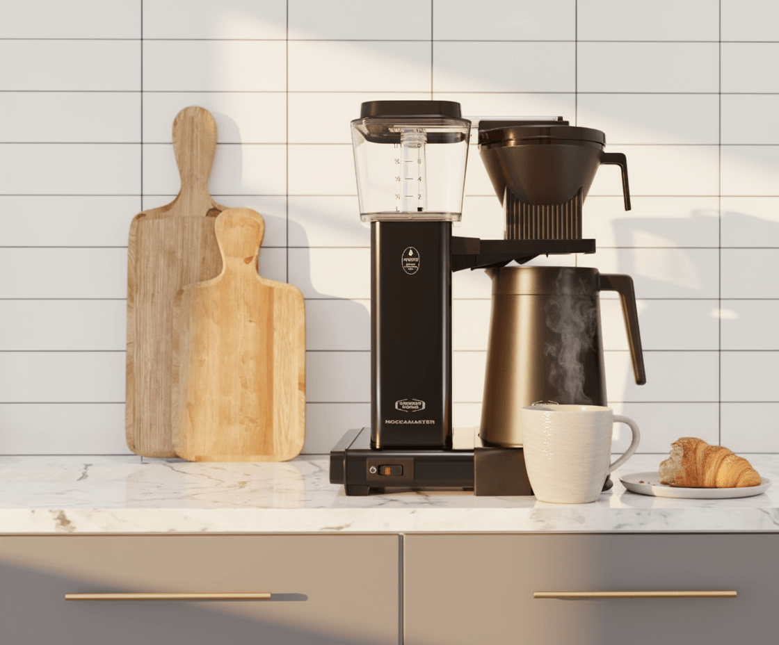 Coffee maker, 2 cutting boards, plate with croissant, and steaming mug on a kitchen counter with a white tiled wall background