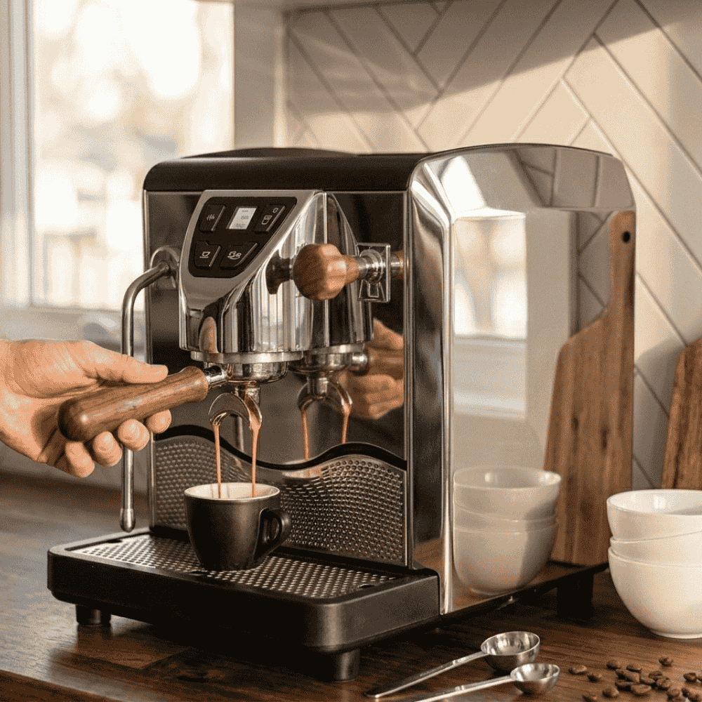 Espresso machine being used to make coffee with a hand holding a portafilter, set against a kitchen backdrop.