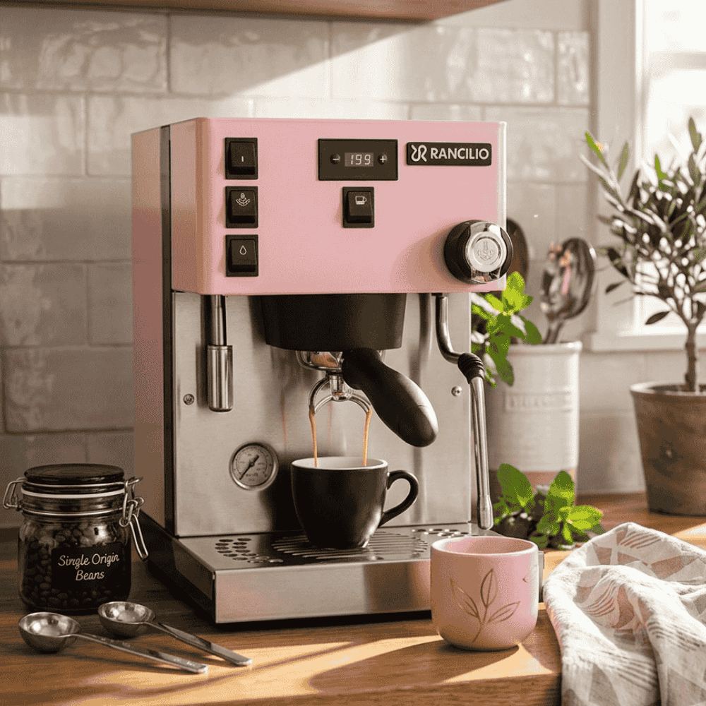 Pink and silver espresso machine in a kitchen setting with a cup of coffee and a plant.