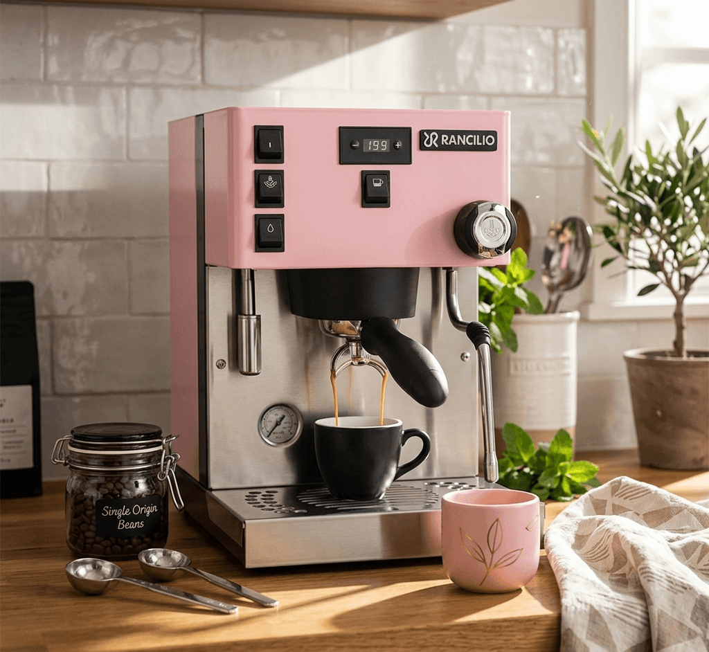 Pink Rancilio coffee machine brewing a cup of coffee in a kitchen setting.