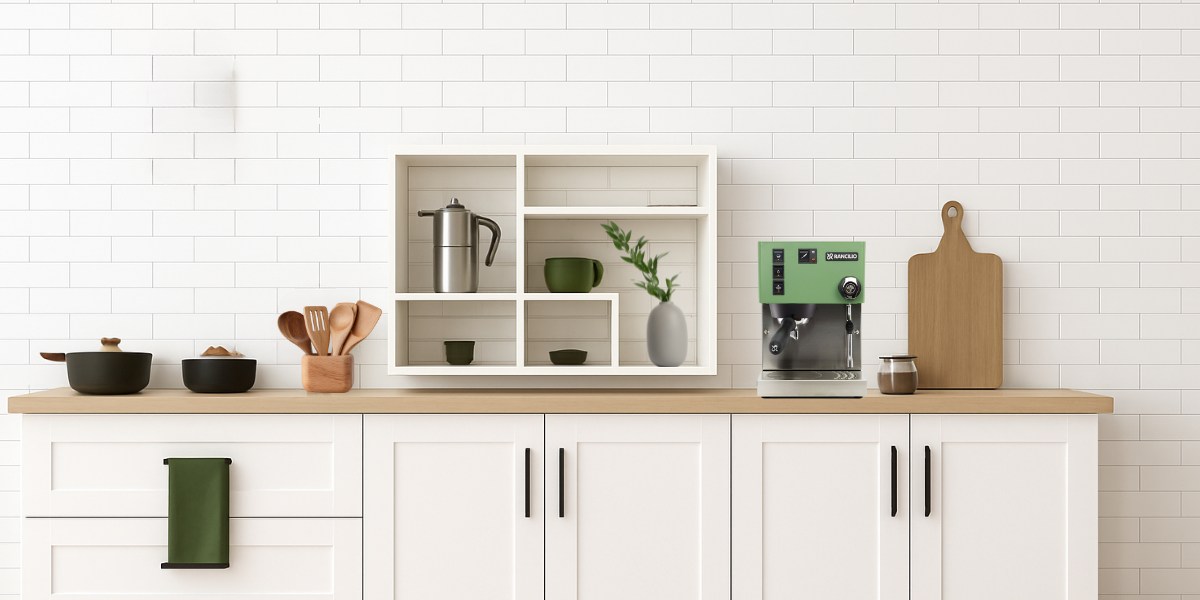 Modern kitchen with wooden countertop, white cabinets, and various kitchen items.