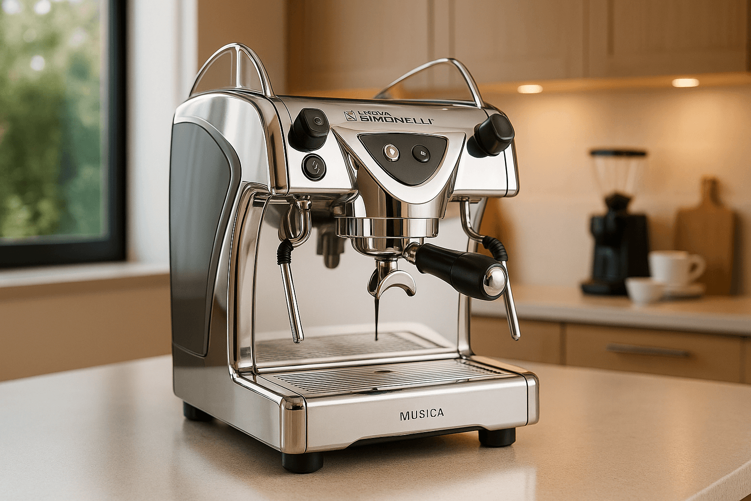 Espresso machine on a kitchen counter with blurred background