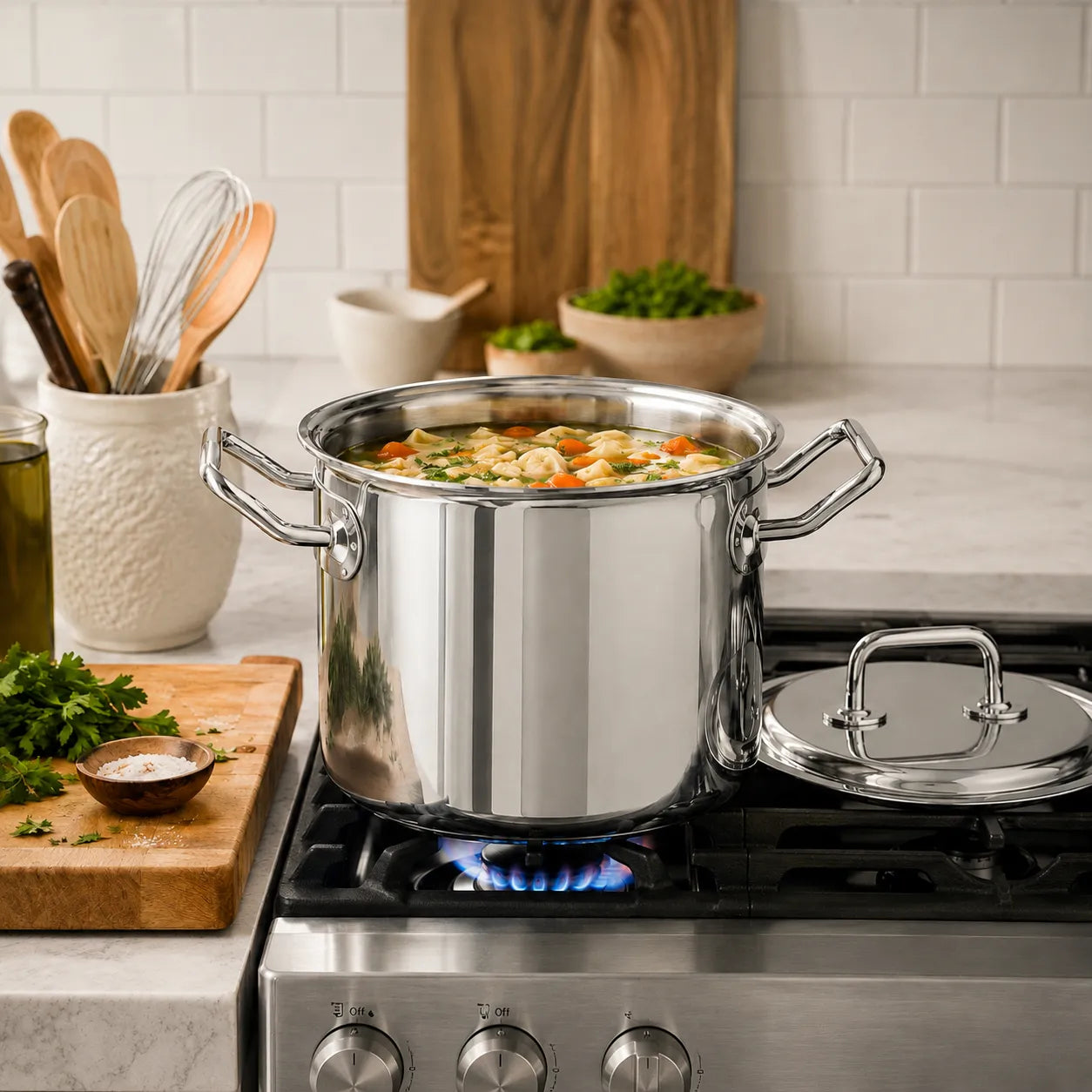A large stainless steel stockpot with side handles sits on a gas stove burner, filled with a vegetable soup. The matching stainless steel lid rests beside it on the counter.
