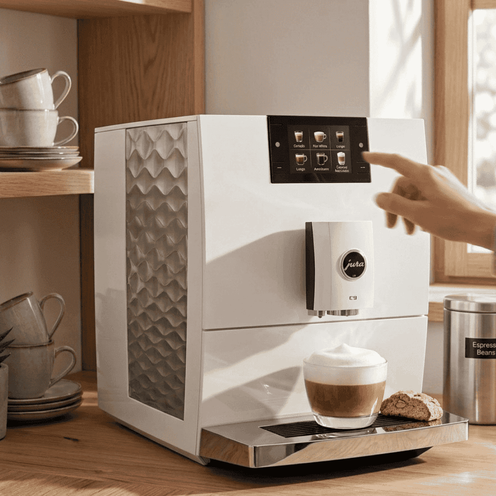 Modern coffee machine with a glass container of coffee on a wooden counter.