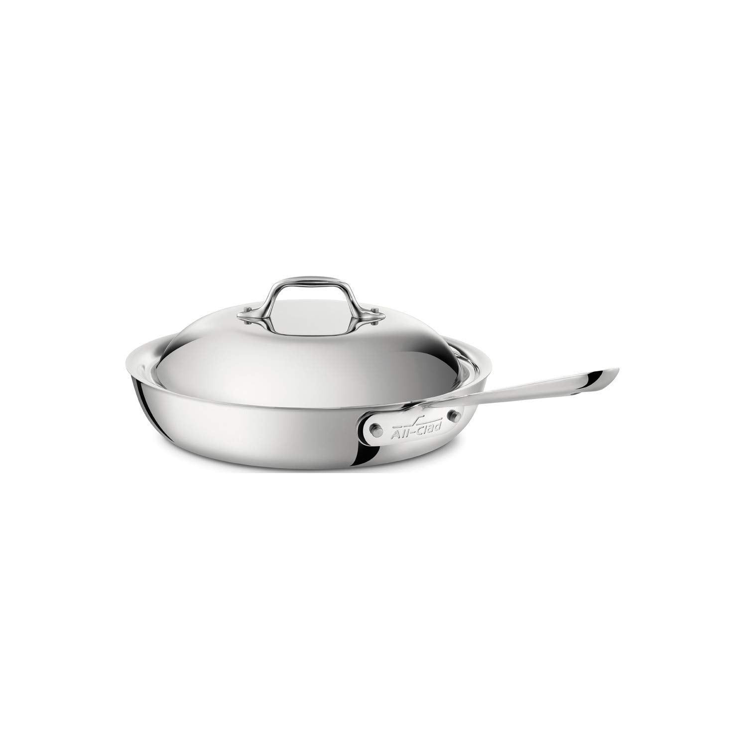 Stainless steel frying pan with lid on a white background
