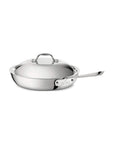 Stainless steel frying pan with lid on a white background