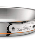 Stainless steel 12 inch frying pan with All-Clad branding on a white background