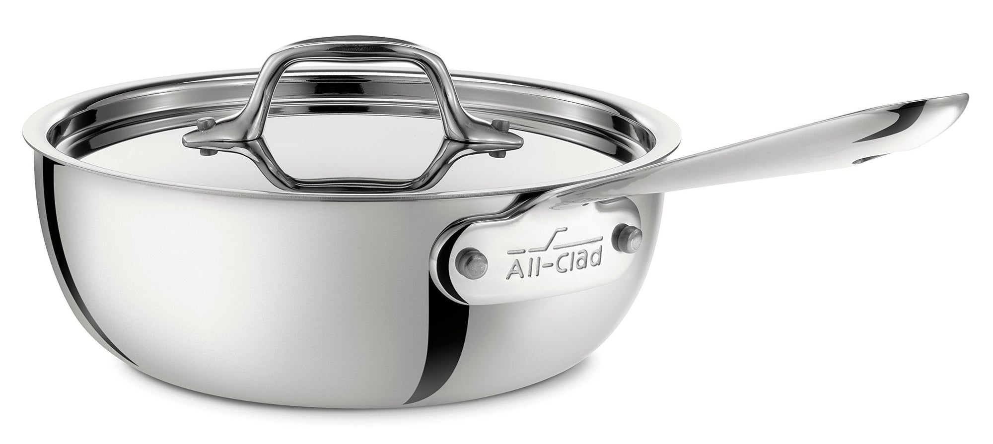 3 qt All-Clad Stainless Saucier Pan with lid displayed on a white background