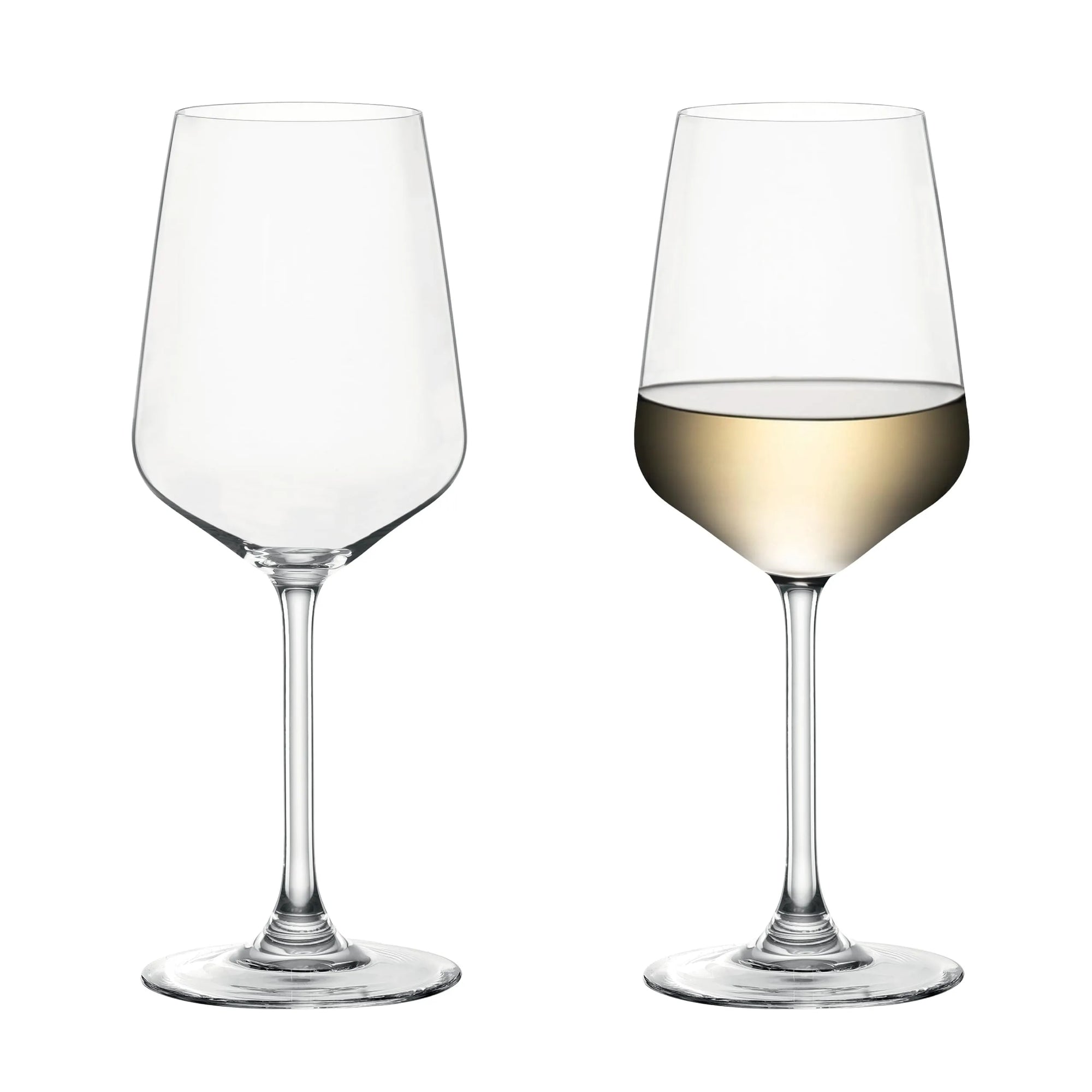 Two clear stemmed wine glasses on a white background, with the left glass empty and the right glass partially filled with pale white wine.