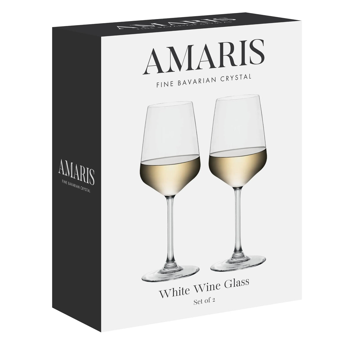 Amaris White Wine Glass set of 2 in its original packaging box. The box is white with a black side panel and features a graphic of two elegant crystal wine glasses filled with white wine.