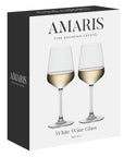 Amaris White Wine Glass set of 2 in its original packaging box. The box is white with a black side panel and features a graphic of two elegant crystal wine glasses filled with white wine.