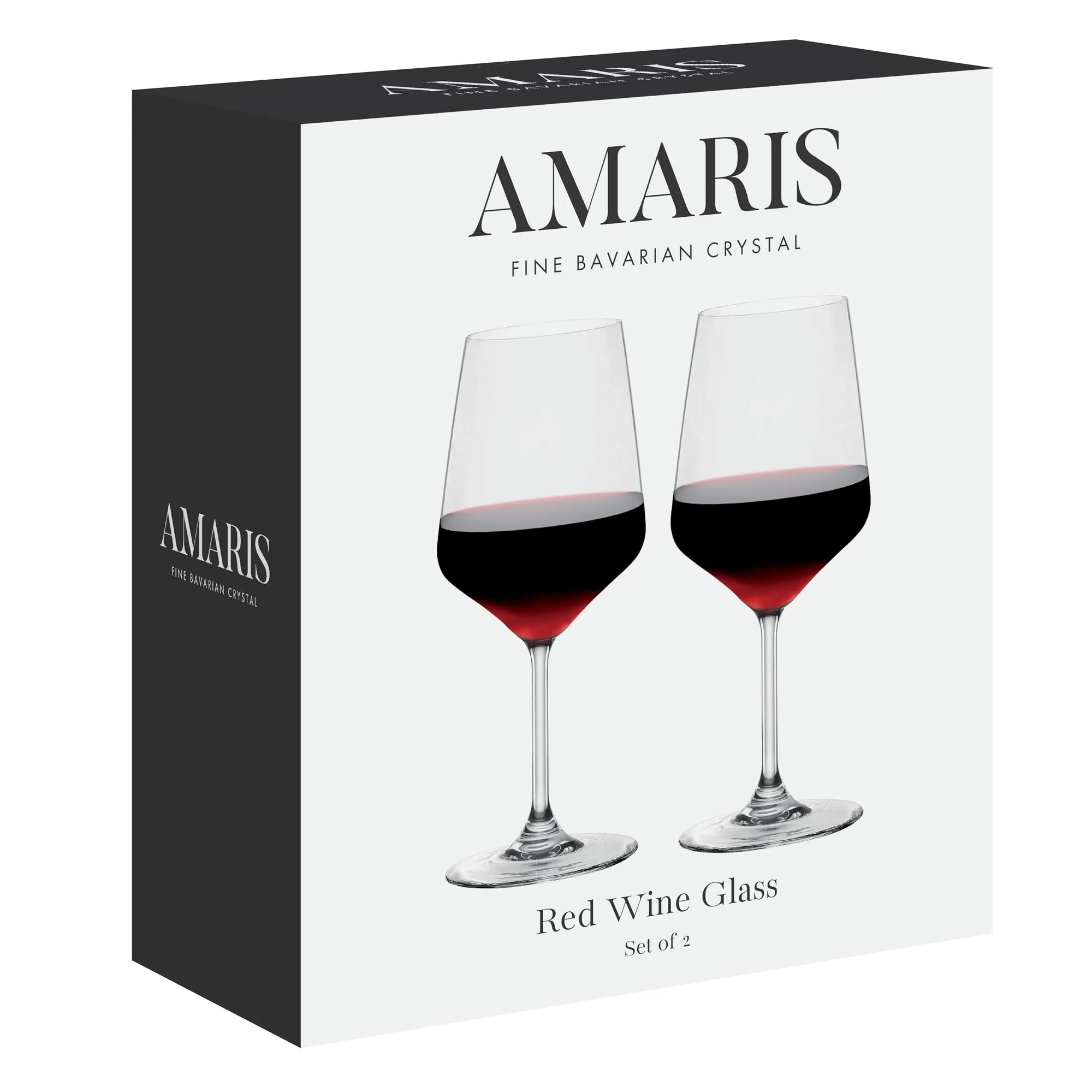 Amaris red wine glass set in its retail packaging, featuring a white box with black side panel and printed images of two clear stemmed wine glasses filled with red wine.