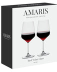 Amaris red wine glass set in its retail packaging, featuring a white box with black side panel and printed images of two clear stemmed wine glasses filled with red wine.