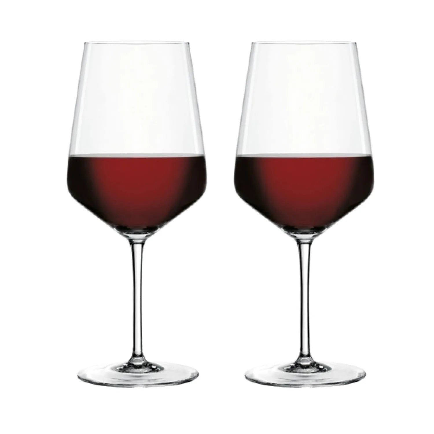 Two clear wine glasses filled with red wine, shown side by side on a plain white background.
