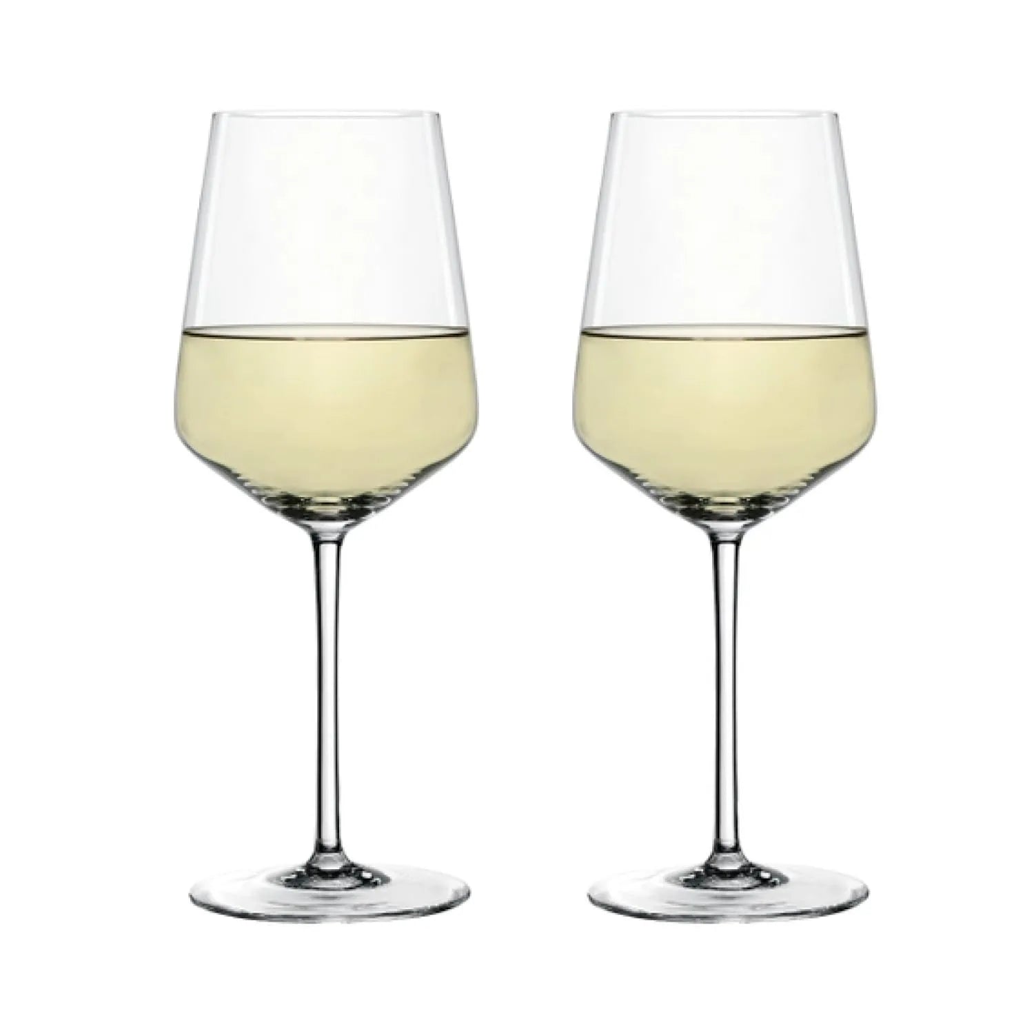 Two clear wine glasses filled with white wine, shown side by side on a plain white background.