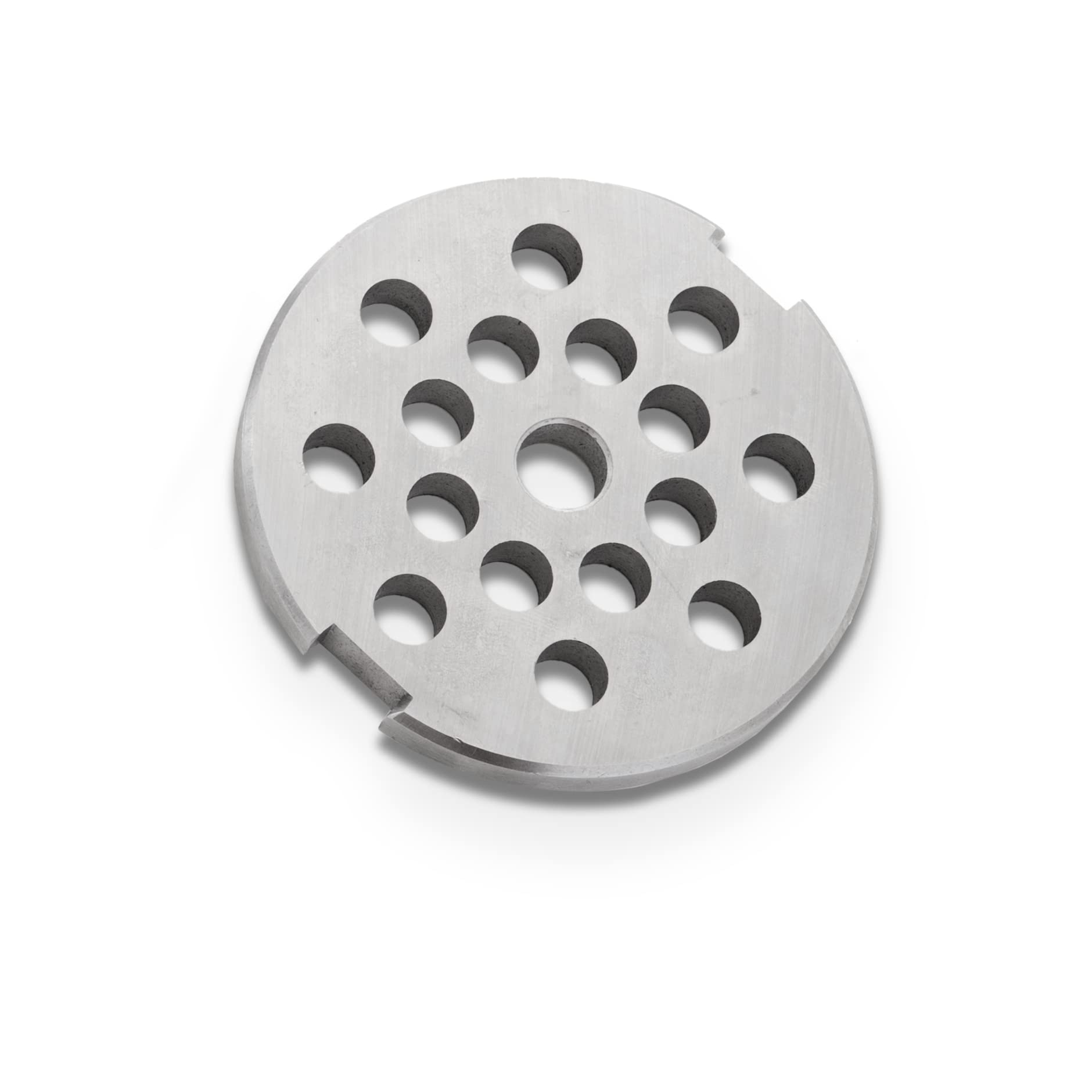 Metal grinder plate with circular holes on a white background